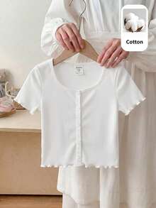 SHEIN LMoss Kids 女童針織素色方領修身休閒T恤 - 白色 - 查看 1