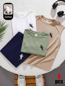 SHEIN 3件組兒童青少年男童休閒柔軟背心多件裝圓領套頭背心 白色背心 卡其色背心 藍色背心，夏季上衣，男童套裝兒童套裝，適合春夏季節，情人節，約會，夏季穿搭，海灘週末，家庭聚會，開學季，婚禮季，運動，生日派對 - 彩色 - 查看 4