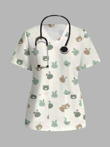 PopScrub Women's Scrub Top With Cute Rabbit And Bear Print Pattern, Suitable For Children's Hospital, Pet Hospital - Multicolor - View 6