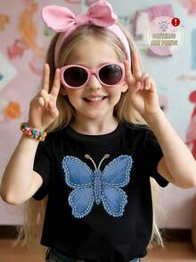 Girls' Casual Butterfly & Denim Print Graphic Tee, Cute & Comfortable For Spring, Summer, Fall - Black - View 7