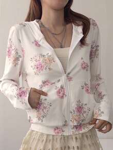Livesso Veste décontractée à capuche pour femme, coupe ample, imprimé floral intégral, design floral romantique, coupe régulière - Blanc - Voir 1