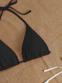 Swim Mod Plus Size Women Solid Color Halter Neck Tie Bikini Top 2pcs Set Suitable For Summer Vacation Beach - Black and White - View 3