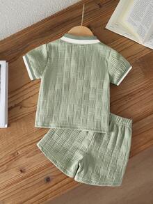 Souflis Souflis 男嬰白色夏季休閒提花POLO領短袖上衣與短褲套裝 可愛學院風 - 綠色 - 查看 2