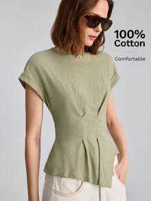 Ontre 2026SS Sommer Neue Damen T-Shirt, einfarbig militärgrün, Kurzarm, anliegende Silhouette, plissiertes asymmetrisches Design, lässig elegante Bürokleidung, Strickstoff, Rundhalsausschnitt, Knopfverschluss, geeignet für Unabhängigkeitstag, Teegesellschaft, Outdoor, Pendeln, minimalistisch schicke urbane vielseitige Damen T-Shirt - Armeegrün - Übersicht 4