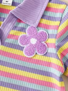 Back To School Season Girls Toddler Casual 2pcs Set Spring/Autumn Rainbow Striped Shirt Collar Long Sleeve T-Shirt, Soft Ribbed Knit Top Denim Skort - Multicolor - View 7
