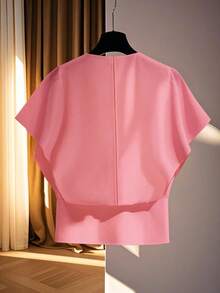 SHEIN 女款 2 合 1 雪紡拼接蝙蝠袖上衣，短版腰身 V 領女裝上衣，優雅粉色女款上衣 - 粉色 - 查看 2