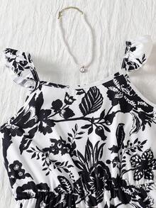 SHEIN Girls' Black Floral Spaghetti Strap Romper, Back Big Bow Vacation Jumpsuit - Black and White - View 4