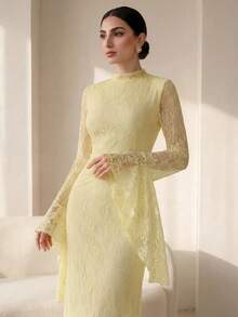 Graceveil Solid Light Yellow Full Lace Bodycon Mermaid Long Dress For Women, Flared Bell Long Sleeves With Drape Cuff Ruched Waist Wedding Guest Formal Gown - Yellow - View 5