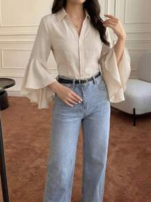 Solavon 女款素色單排扣休閒百搭日常穿搭阿拉伯風襯衫 - 杏色 - 查看 4