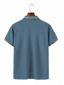 Manfinity Homme Men's Casual Contrast Trim Short Sleeve POLO Shirt, Summer, Polo Shirts For Men Collar - Teal Blue - View 2