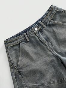 ROMWE MEN Jeans holgados con patrón bordado y corte curvo para hombre - Azul - Ver 4