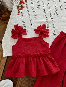 Emery Rose Kids Emery Rose Kids 少女編織素色吊帶上衣與長褲兩件組 - 紅色 - 查看 3