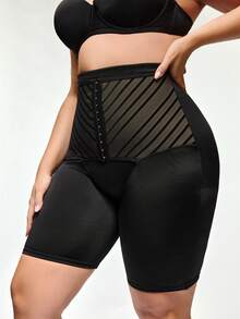 SHAPORA Pantalones de control de figura de talle alto con botones y diseño de patchwork a rayas para mujer de talla grande - Negro - Ver 4