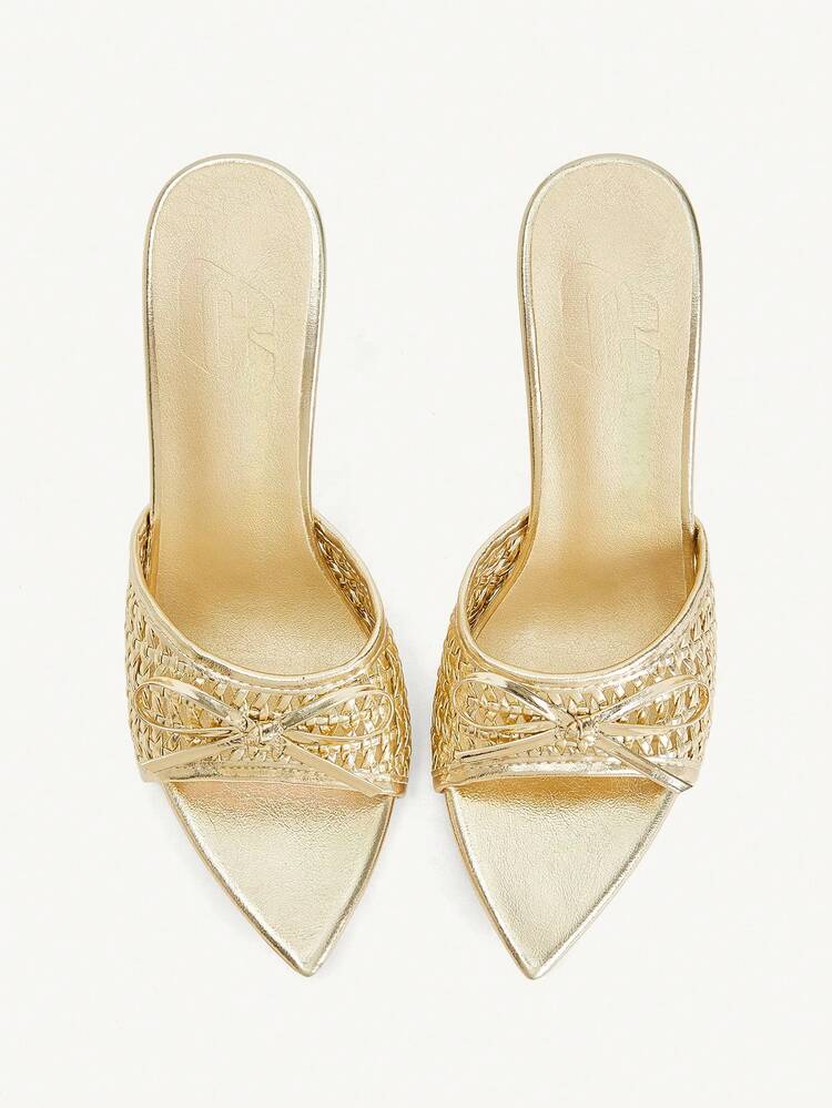 CUCCOO CHICEST Light Gold Woven Mesh Bow Pointed Muller High Heel Sandals, Banquet Wedding Shoes
