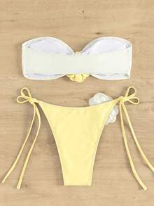 Swim Mod 女款夏季海灘3D花卉裝飾平口比基尼上衣與三角泳褲兩件式泳裝套裝 - 黃色 - 查看 2