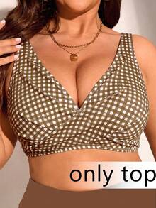 SHEIN Swim Curve 大尺碼女款一件式條紋印花休閒 1920 年代性感時尚泳衣上衣 度假海灘全白夏季款 - 咖啡棕 - 查看 1