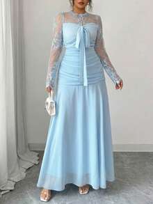Modelyn French Design Lace Patchwork Bow Women's Long Dress Fall - Blue - View 7