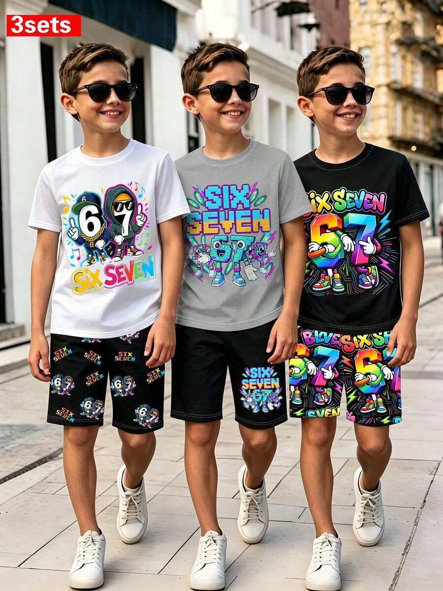 3 Sets Boys' Summer New Digital 67 Cartoon Print Short Sleeve 2-Piece Set, Black/Grey/White Colors Available, Casual Comfortable Cool Street Style, Suitable For Street Dance, Campus, Daily Outings, Versatile For Multiple Occasions, Photogenic, Summer Wardrobe Essential Boys' Set - Multicolor - View 1