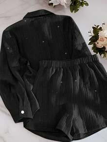 INAWLY 2 件套女士闪亮亮片休闲装，轻盈百搭衬衫和阔腿短裤，夏季 - 黑色 - 查看 2