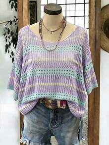 EMERY ROSE Top de punto casual para mujer talla grande primavera/verano - Cuello redondo, ajuste holgado, rayas de contraste con recorte - Morado - Ver 4