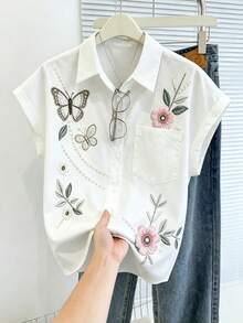Resyla 女款春夏藍色蝙蝠袖口袋休閒通勤襯衫 - 白色 - 查看 5