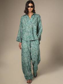 KSTM Paisley Print Long Sleeve Shirt And Wide Leg Palazzo Pants Co-Ord Set Summer Vacation Two Piece Outfit - Green - View 2