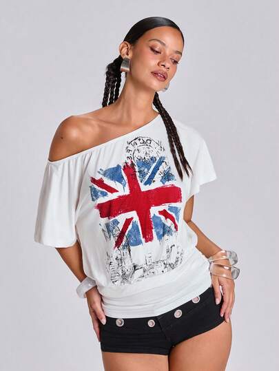 maglietta ampia con vita stretta e tasche, stampa vintage bandiera britannica, outfit stile street Y2K per ragazza alla moda, primavera/estate, Coppa del Mondo