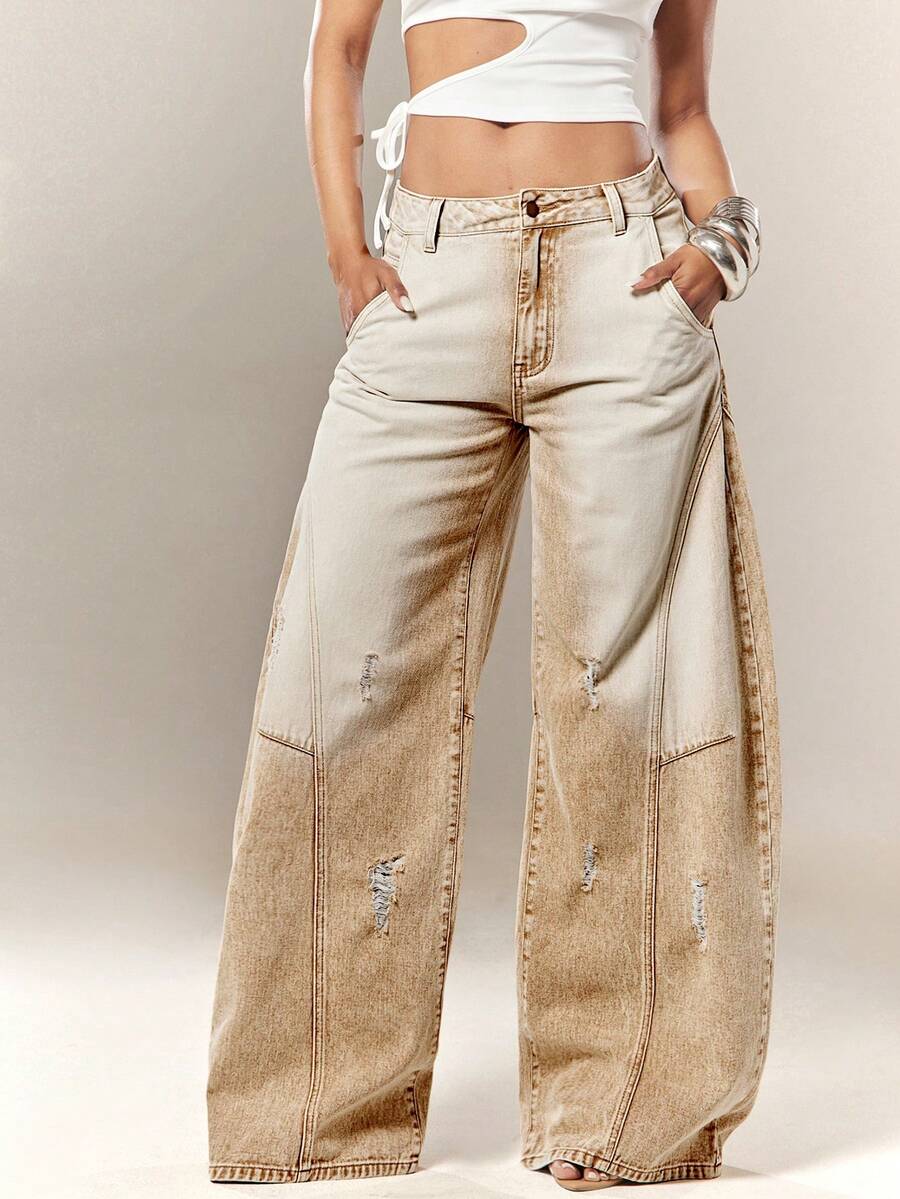 Denimoi Jeans casuales con degradado lavado, desgastados y de pierna curva - Caqui - Ver 1