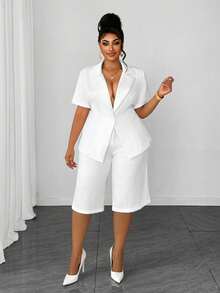 Maweii Plus Size Women's Minimalist Commuter Lapel Blazer Short Sleeve Shorts Solid Color 2-Piece Set - White - View 3