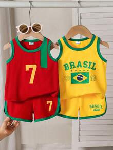 SHEIN Playful Pals 4件組男嬰刺繡背心與運動短褲套裝，運動風夏季城市度假深藍色套裝 - 彩色 - 查看 1