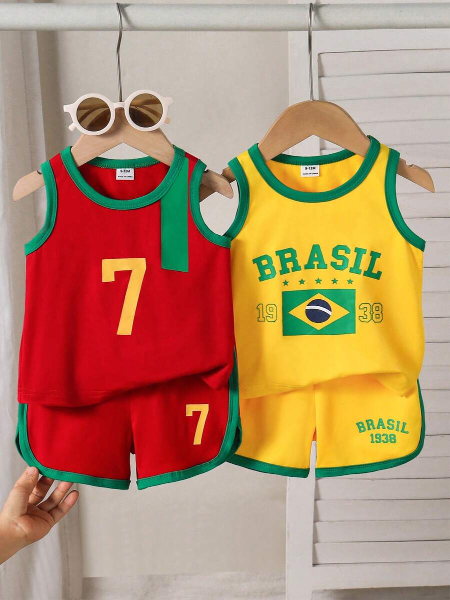 SHEIN Playful Pals 4件組男嬰刺繡背心與運動短褲套裝,運動風夏季城市度假深藍色套裝 - 彩色 - 查看 1