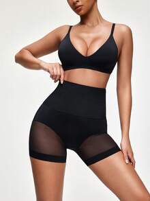SHAPORA Women's High Waist Mesh Patchwork Shapewear Shorts - Black - View 4