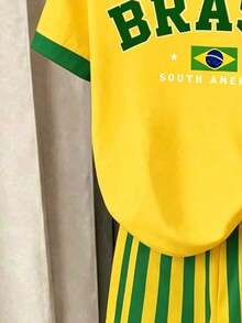 1套青少年女孩休閒舒適時尚運動風巴西 BRASIL 字母印花短袖T恤與條紋短褲套裝，適合夏季運動、世界盃、度假穿搭 - 彩色 - 查看 4