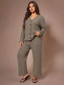 Lazeform 罗纹柔软抓绒纽扣家居服套装 冬季服装 - 咖啡棕 - 查看 3