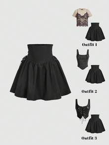 SHEIN MOD Black Fish Bone Waist Cincher Belt Skirt,Summer,Vacation,Going Out,Birthday,Country,Tea Party,Sea,Beach,Wedding,Prom - Black - View 2