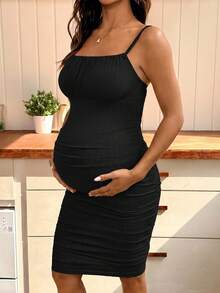 SHEIN Maternity Ribbed Solid Color Ruched Fitted Camisole Dress Photoshoot Black Summer Maternity Casual - Black - View 3