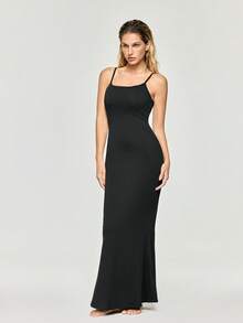 SHAPORA Vestido Longo Casual para Casa de Cor Sólida com Alças - Preto - Visão 5