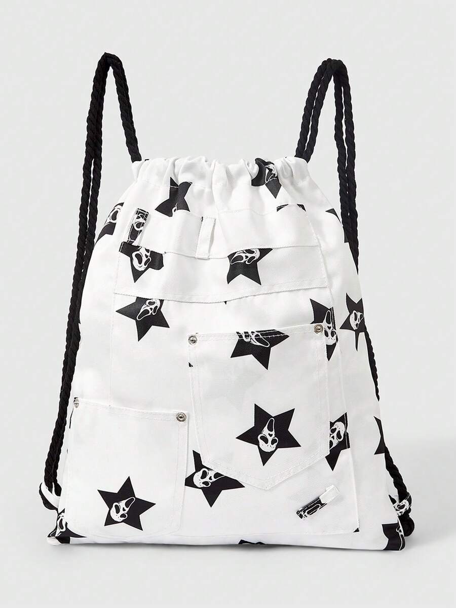 ROMWE Grunge Punk Mochila Punk Gótica con Patrón de Pentagrama y Segador, Gran Capacidad, Múltiples Bolsillos, Cordón, Versátil y Casual, Unisex, Adecuada para Desplazamientos y Socialización - Blanco y Negro - Ver 1