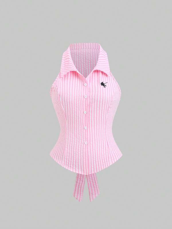 Sweetra American Sweet Pink Striped Minimalist College Style Exquisite Embroidery Design Unique Lace-Up Bow Cute Playful Minimalist Sexy Fashion Commuter Hot Girl Style Women's Shirt