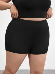 SHEIN CURVE+ Plus Size Women's Solid Color Casual Versatile Daily Wear Skinny Shorts, Spring/Summer - Black - View 6