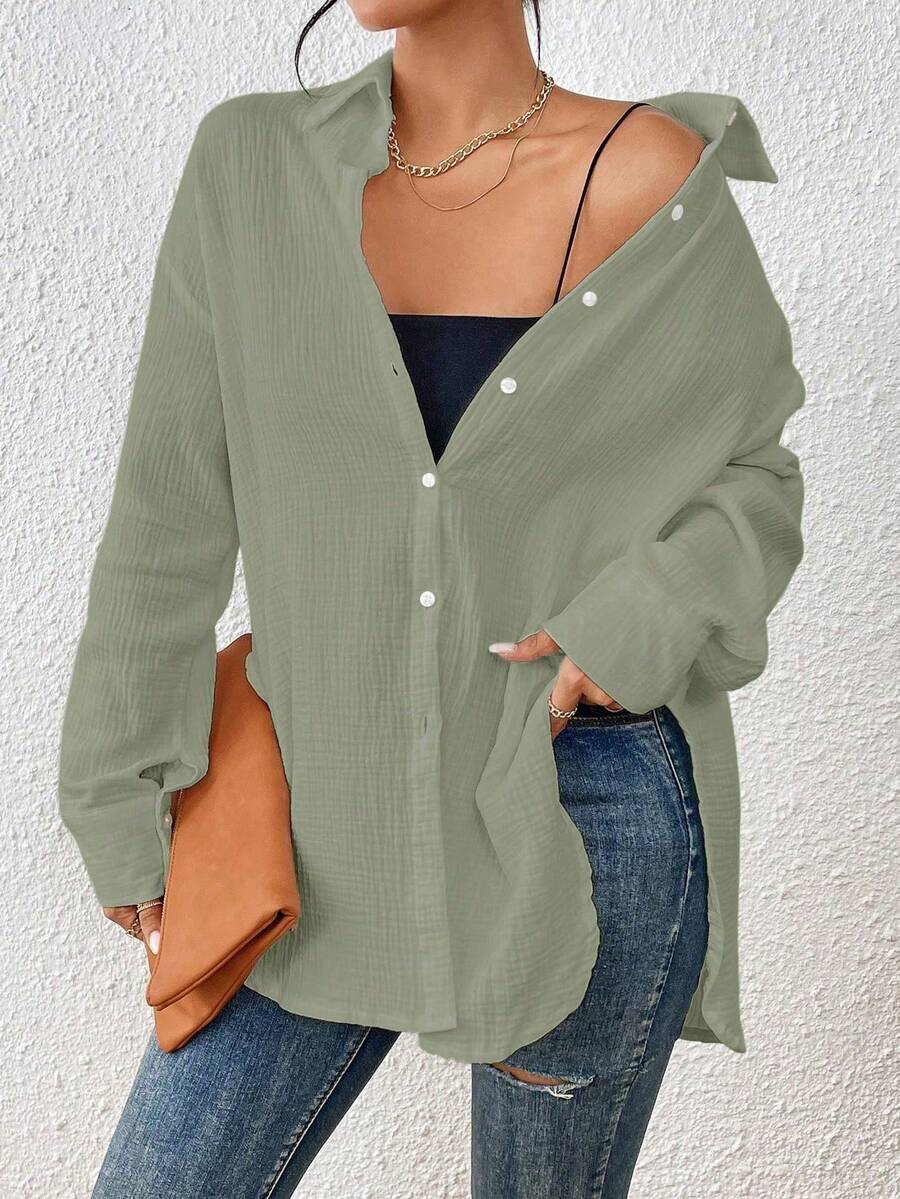 EMERY ROSE Women Plain And Simple Lapel Collar Buttoned Shirt Fall Cloth For Women - Green - View 1