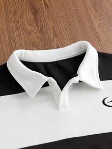 SWAVVY Men's Short Sleeve Striped Colorblock Polo Shirt With Collar - Black and White - View 5