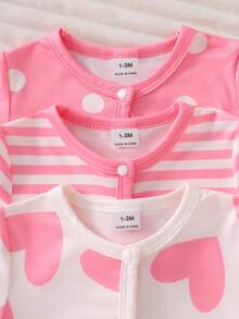 SHEIN 新生兒極簡時尚甜美可愛愛心圖案 3 件套長袖長版連身衣居家服 - 彩色 - 查看 5