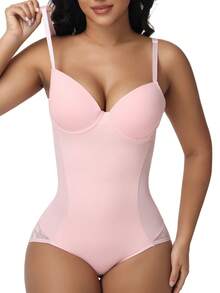 SHAPORA Body moldeador de unicolor con encaje de contraste para mujer (con aros de soporte) - Rosa - Ver 5