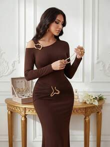 SHEIN Lady 女士优雅不对称领口鱼尾派对连衣裙 - 鏽棕色 - 查看 4