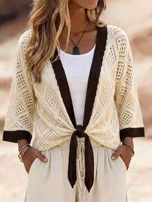 SHEIN Holidaya New Summer Hollow Out Color Block Bow Cardigan Suitable For Vacation, Beach - Apricot - View 4