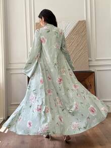 Al Najma 鼠尾草綠花卉印花女款冬季長袍，日常優雅端莊通勤款，適合洗禮賓客正式場合 - 彩色 - 查看 3