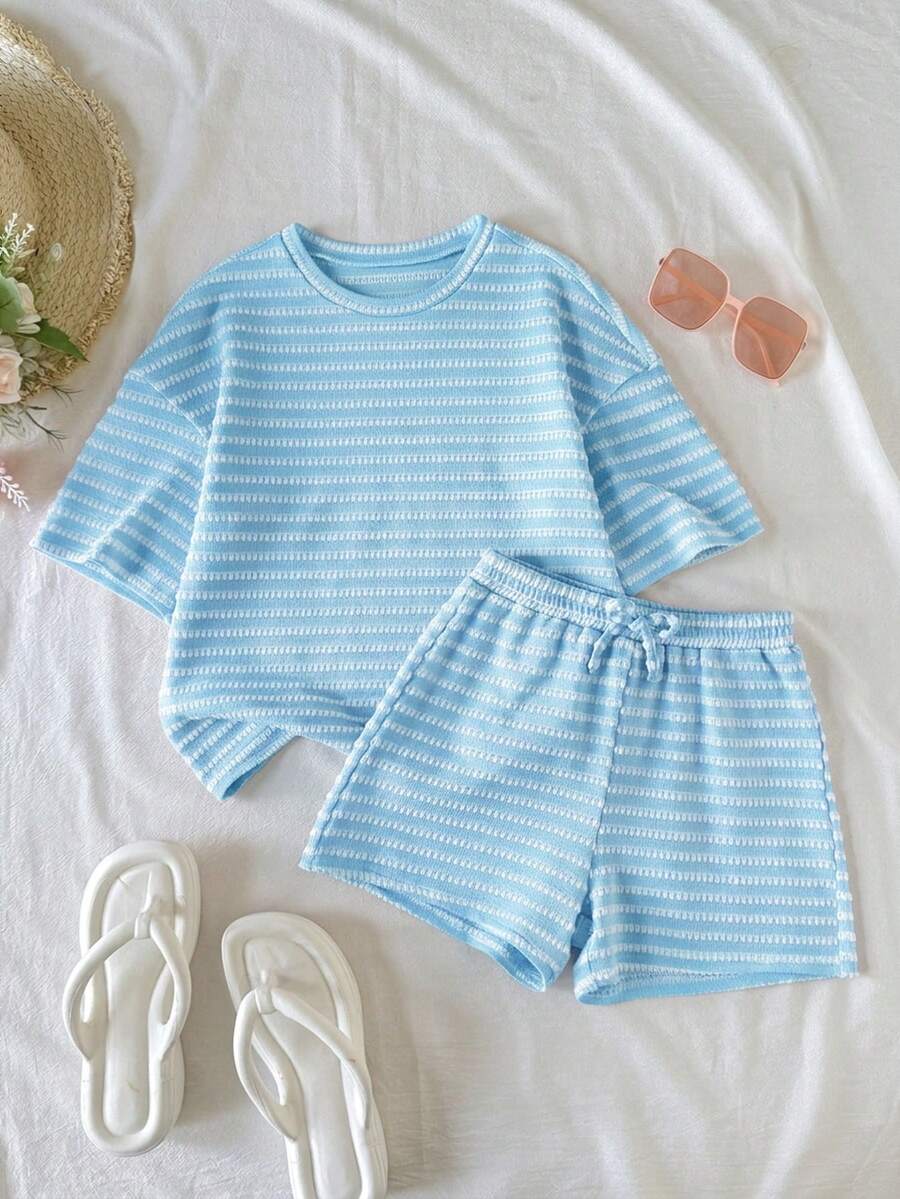 SHEIN Tween Girl Casual Daily Versatile Comfortable Pink Striped Short Sleeve T-Shirt And Shorts Tween Girl - Blue - View 1