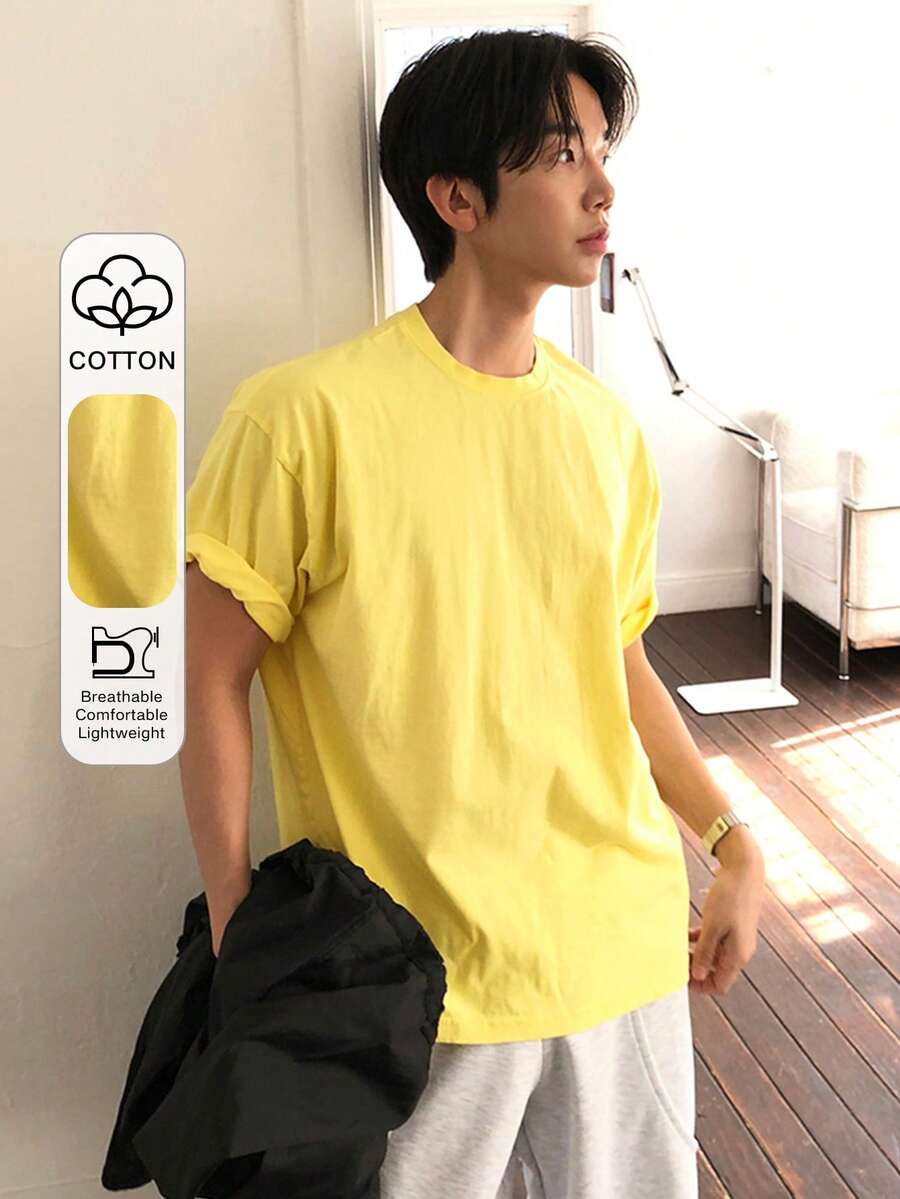 DAZY Men's Summer Solid Yellow Versatile Round Neck Short Sleeve T-Shirt - Yellow - View 1