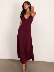 COSMINA Women's Elegant V-Neck Long Spaghetti Strap Dress Vacation Red Wine Summer - Burgundy - View 2